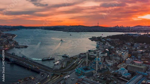 Aerial Suleymaniye Mosque hyperlapse drone view at sunrise, istanbul Turkey