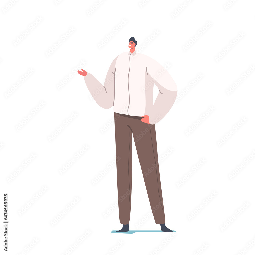 Male Character in White Shirt and Brown Pants, Businessman or Teacher in Casual Clothes Isolated on White Background Male Character in White Shirt and Brown Pants, Businessman or Teacher in Casual Clothes Isolated on White Background