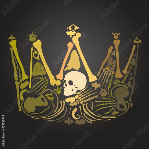 A very cool Royal Crown. Crown of human skulls and bones. Human bones laid out in the shape of a crown. T-shirt print design.