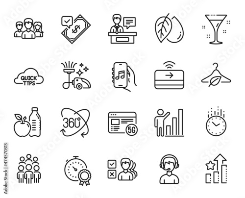 Vector set of Full rotation, Teamwork and Music app line icons set. Group people, Quick tips and Accepted payment icons. Consultant, Time and Opinion signs. Full rotation web symbol. Vector