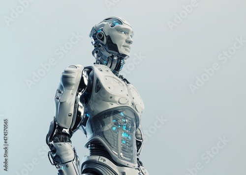 Sci-fi robotic man with white blue eyes and transparent stomach, named "HUSKY". 3d rendering on light background in profile © Vladislav Ociacia