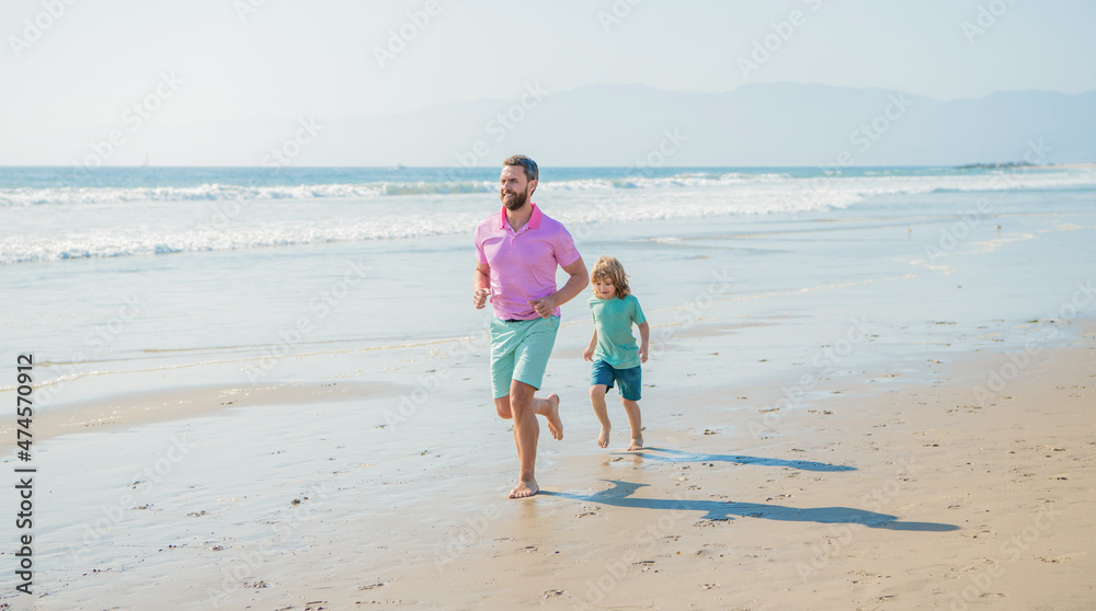 daddy and child family running on summer beach, family sport daddy and child family running on summer beach, family sport