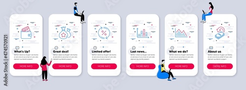 Vector Set of Finance icons related to Investment graph, Diagram graph and Debit card icons. UI phone app screens with teamwork. Loyalty points, Loan percent and Cashback line symbols. Vector