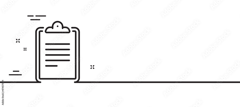 Clipboard document line icon. Agreement file sign. Survey record symbol. Minimal line illustration background. Clipboard line icon pattern banner. White web template concept. Vector Clipboard document line icon. Agreement file sign. Survey record symbol. Minimal line illustration background. Clipboard line icon pattern banner. White web template concept. Vector