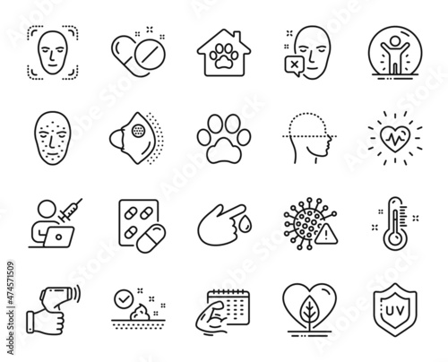 Vector set of Blood donation, Dog paw and Face scanning line icons set. Pet shelter, Capsule pill and Skin care icons. Local grown, Fitness calendar and Vaccination appointment signs. Vector