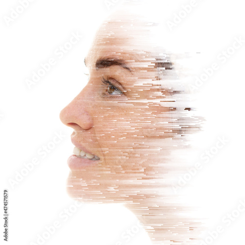 A double exposure portrait of an attractive woman combined with digital art.