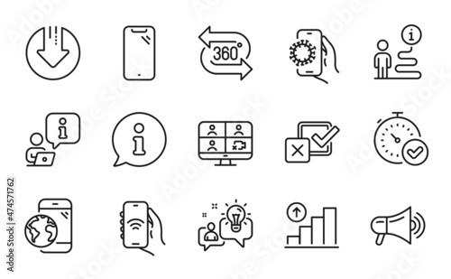 Technology icons set. Included icon as Internet app, Fast verification , Idea signs. Checkbox, Graph chart, Covid app symbols. Mobile internet, Video conference, 360 degree. Megaphone. Vector