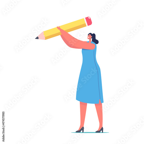 Tiny Female Character with Huge Pencil Isolated on White Background. Writer, Businesswoman, Secretary or Artist Work