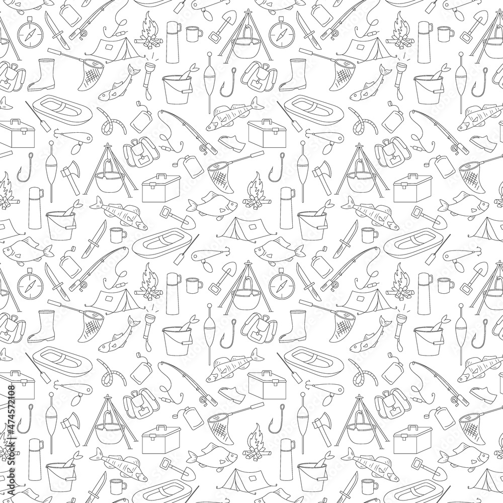 Seamless pattern on the theme of fishing, a simple hand-drawn contour icons on white background
