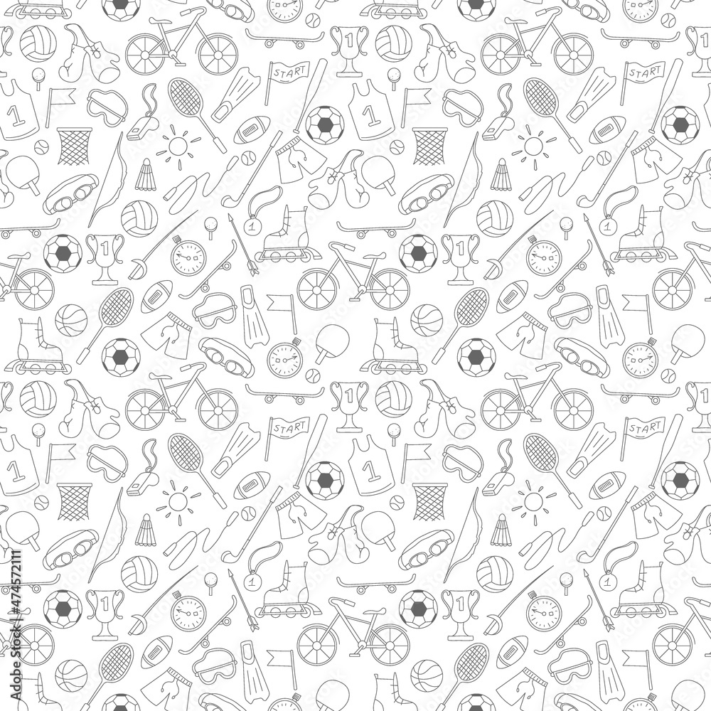 Seamless pattern on the theme of summer sports, simple icons dark outline on a light background Seamless pattern on the theme of summer sports, simple icons dark outline on a light background