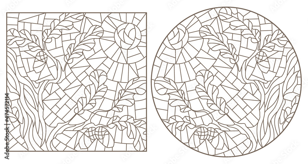 A set of contour illustrations in the style of stained glass with oak branches on a sky background, dark contours on a white background A set of contour illustrations in the style of stained glass with oak branches on a sky background, dark contours on a white background