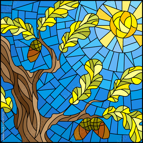 An illustration in the style of stained glass with autumn oak branches on a background of blue sky and sun, rectangular image