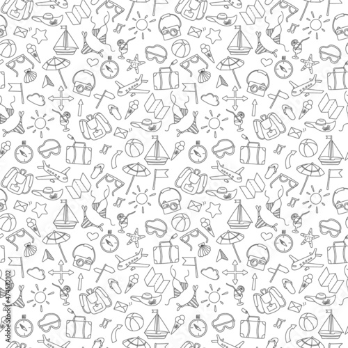 Seamless pattern on the theme of summer holidays in hot countries  simple dark contour icons on white background