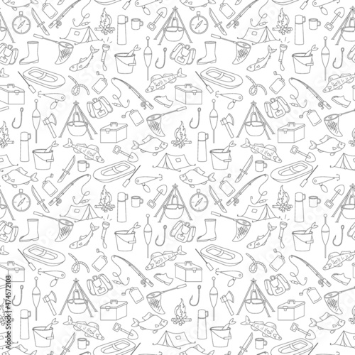 Seamless pattern on the theme of fishing, a simple hand-drawn contour icons on white background
