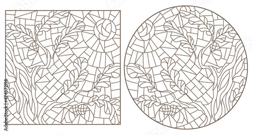 A set of contour illustrations in the style of stained glass with oak branches on a sky background, dark contours on a white background