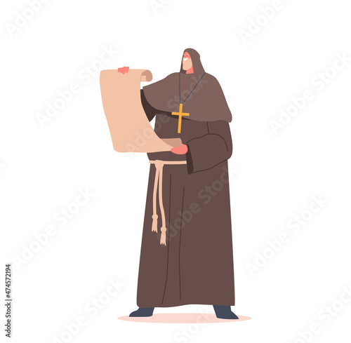 Medieval Monk with Old Parchment in Hands, Historical Personage Wear Long Robe with Hood and Cross, Ancient Chronicler
