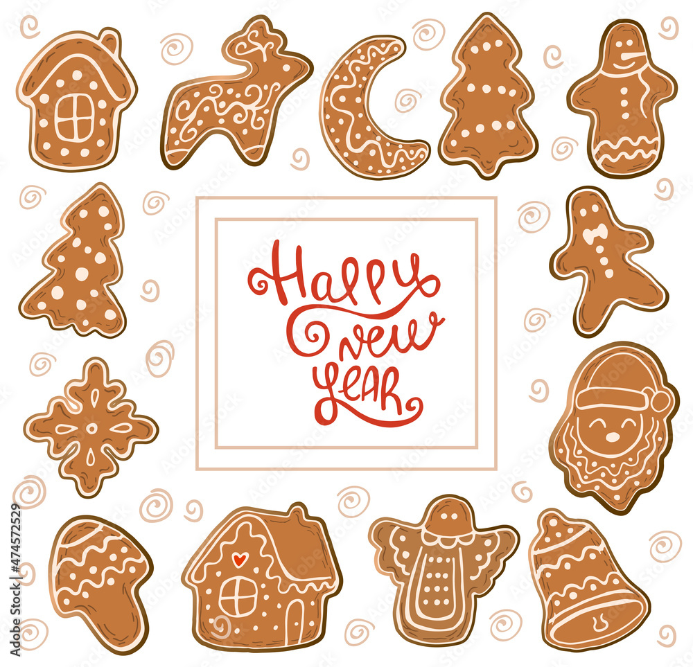 Set of christmas cookies. Gingerbread Christmas Cookies. Snowflake, moon, stars, home, trees, santa claus, ginger . Merry Christmas. New Year. Template for greeting card, postcard. Vector illustration Set of christmas cookies. Gingerbread Christmas Cookies. Snowflake, moon, stars, home, trees, santa claus, ginger . Merry Christmas. New Year. Template for greeting card, postcard. Vector illustration