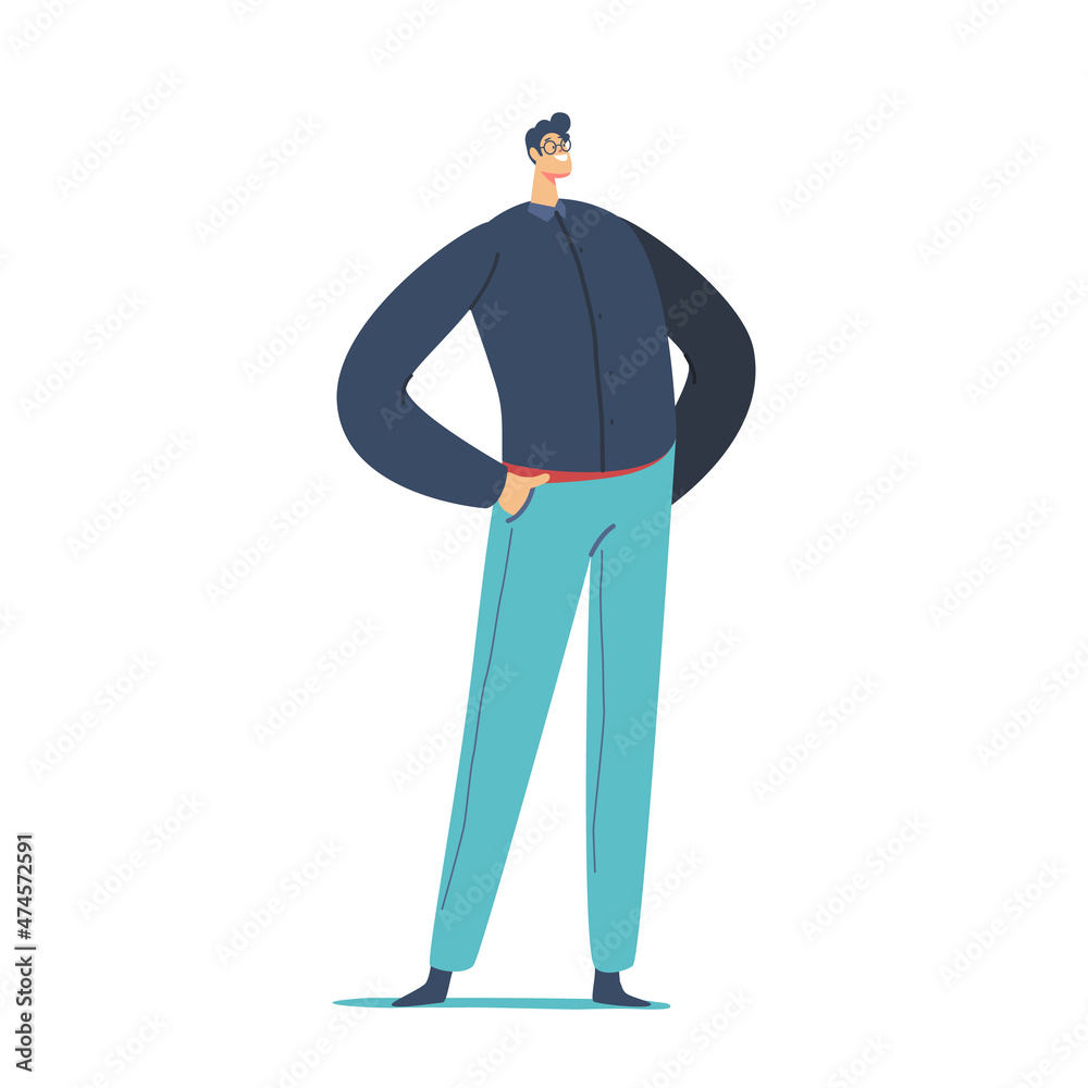 Single Male Character Wear Black Shirt and Blue Trousers Isolated on White Background. Confident Man with Arms Akimbo