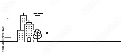 Skyscraper buildings line icon. City architecture with tree sign. Town symbol. Minimal line illustration background. Skyscraper buildings line icon pattern banner. White web template concept. Vector