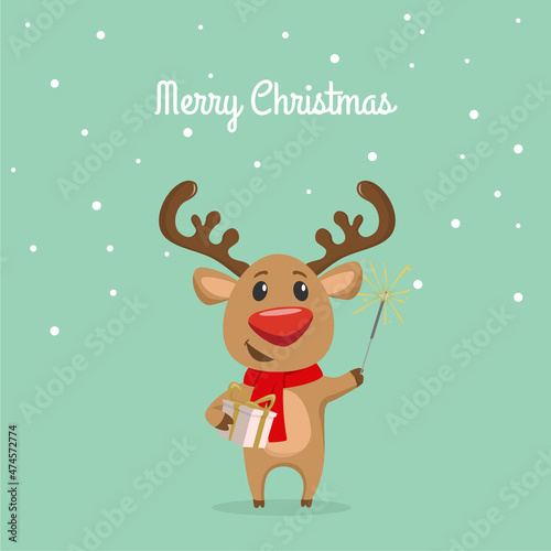 Cute reindeer with christmas gift. Christmas card.