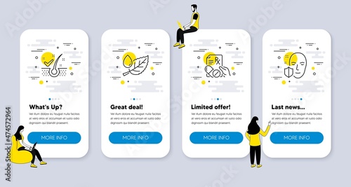 Vector Set of Healthcare icons related to Prescription drugs, Anti-dandruff flakes and Leaf dew icons. UI phone app screens with people. Face protection line symbols. Vector