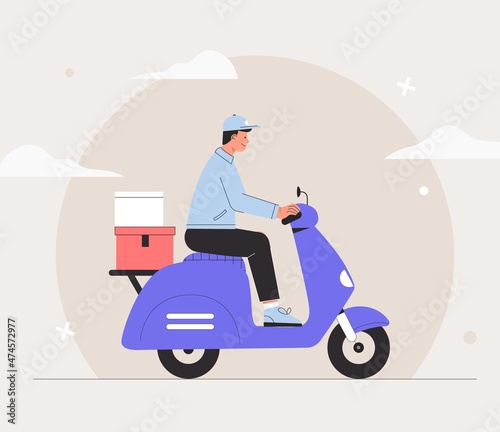 Online express delivery service concept, courier motorcycle or scooter, delivery man with parcel box on the back. Flat style vector illustration.