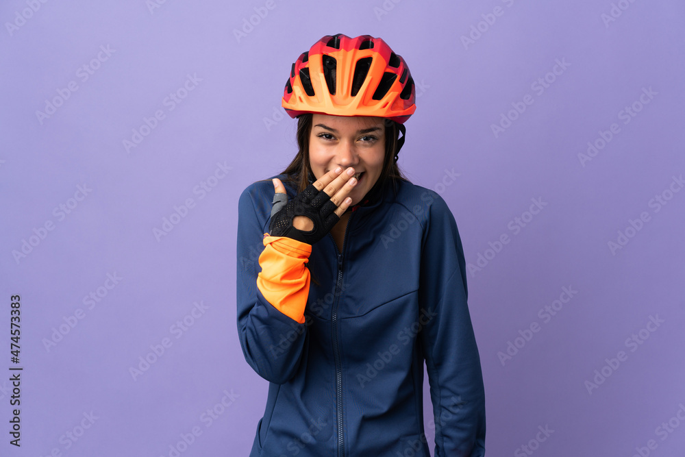 Teenager cyclist girl happy and smiling covering mouth with hand - obrazy, fototapety, plakaty 