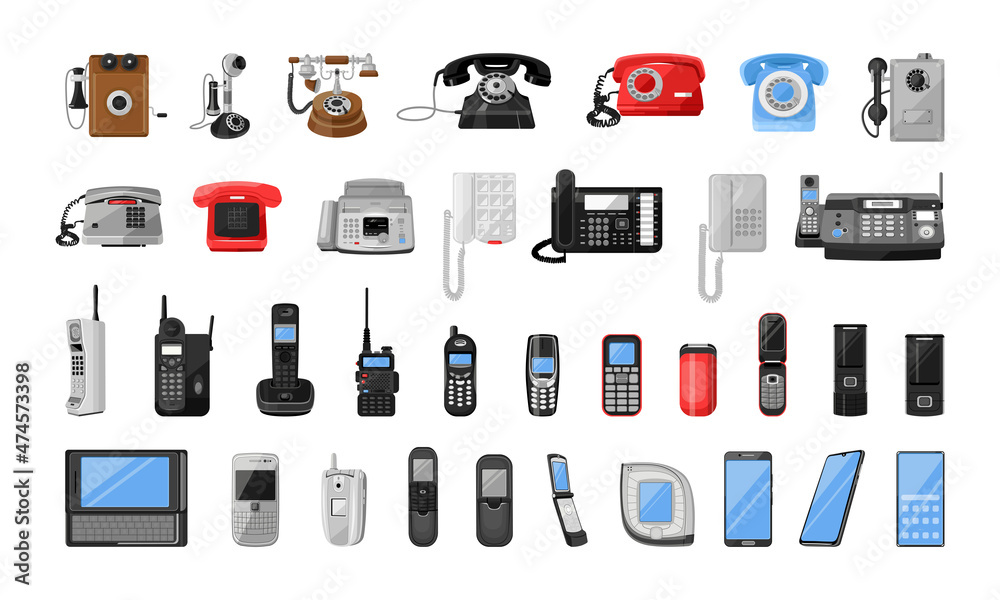 Collection of mobile and stationary telephones. Communication devices. Modern and old telephones.