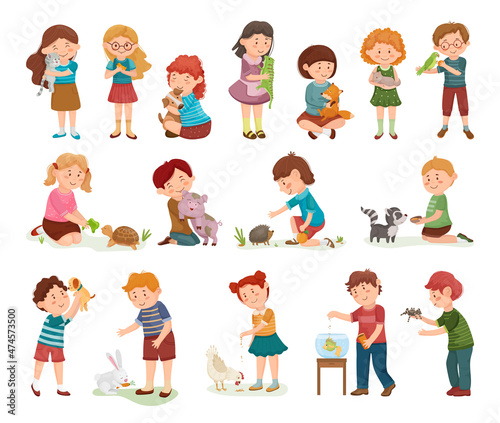 Children with their pets. Cute illustrations with cartoon characters.