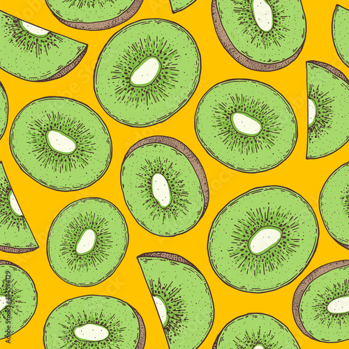 Seamless pattern with kiwi fruit. Hand drawn vector illustration. Design, package, brochure illustration. Hand drawn kiwi fruits design template. Organic fresh food vector illustration.