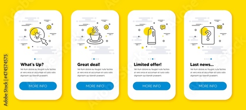 Vector set of Energy, Tea cup and Shampoo line icons set. UI phone app screens with line icons. Unknown file icon. Turn on the light, Coffee mug, Bath cleanser. Doc with question mark. Vector