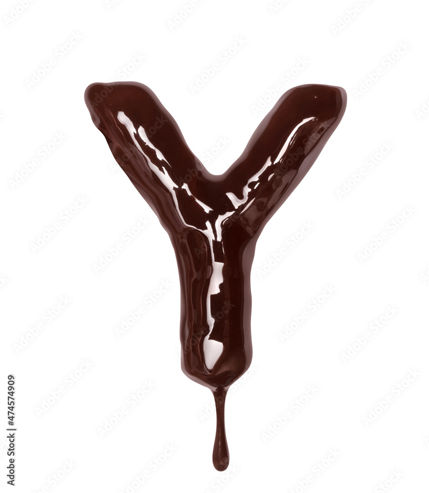 Obraz premium Latin letter Y with drop is made of melted chocolate, isolated on white background