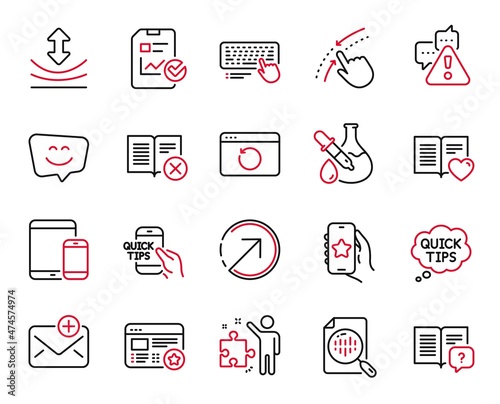 Vector Set of Technology icons related to Mobile devices, Recovery internet and Strategy icons. Smile face, Quick tips and Chemistry experiment signs. Favorite, Education and Resilience. Vector