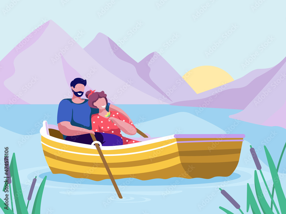 Happy couple enjoying boat ride at sunset mountains lake or river. Lovers travel, chill, relax, hug on romantic date. Man and woman explore nature on weekend. Cartoon vector illustration.