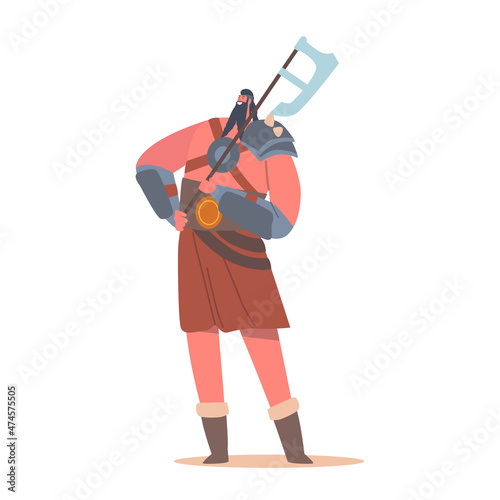 Viking with Naked Torso and Battle Axe, Scandinavian Warrior, Bearded Male Character Holding Armor Isolated on White