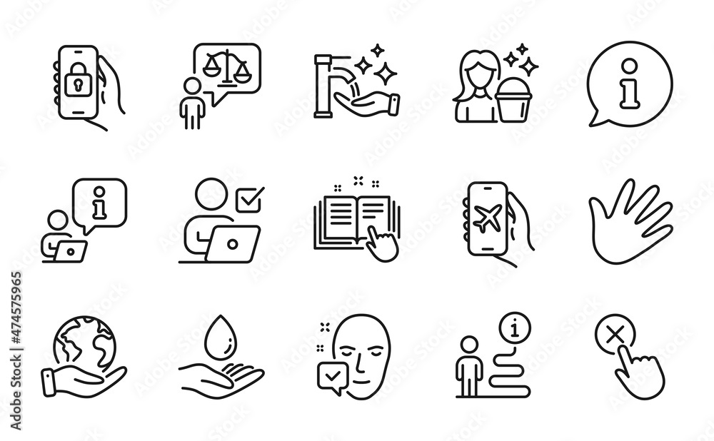 People icons set. Included icon as Technical documentation, Online voting, Flight mode signs. Save planet, Locked app, Lawyer symbols. Washing hands, Hand, Water care. Cleaning line icons. Vector People icons set. Included icon as Technical documentation, Online voting, Flight mode signs. Save planet, Locked app, Lawyer symbols. Washing hands, Hand, Water care. Cleaning line icons. Vector