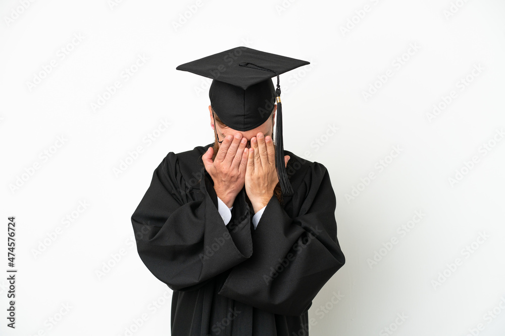 Young university graduate reddish man isolated on white background with tired and sick expression Young university graduate reddish man isolated on white background with tired and sick expression