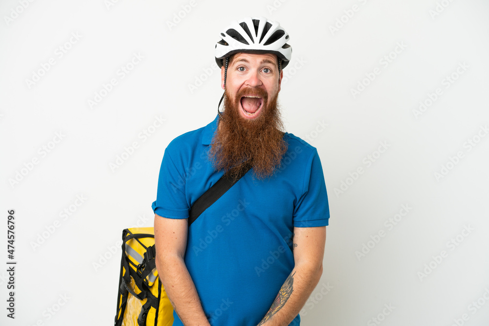 Young reddish caucasian man with thermal backpack isolate don white background with surprise facial expression Young reddish caucasian man with thermal backpack isolate don white background with surprise facial expression