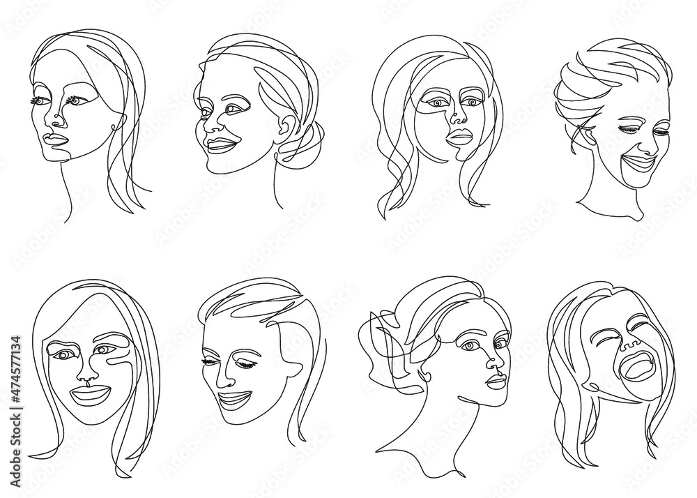 Collection. Silhouettes of a girl's head in a modern one line style. Continuous line drawing, aesthetic outline for home decor, posters, wall art, stickers, logo. Vector illustration set. Collection. Silhouettes of a girl's head in a modern one line style. Continuous line drawing, aesthetic outline for home decor, posters, wall art, stickers, logo. Vector illustration set.