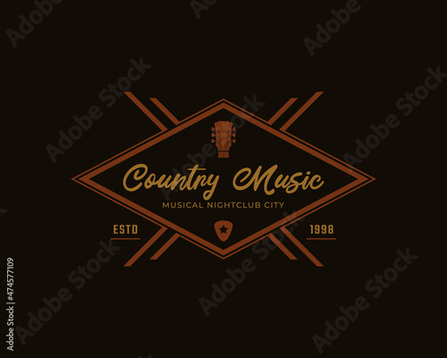 Classic Vintage Retro Label Badge for Country Guitar Music Western Saloon Bar Cowboy Logo Design Template