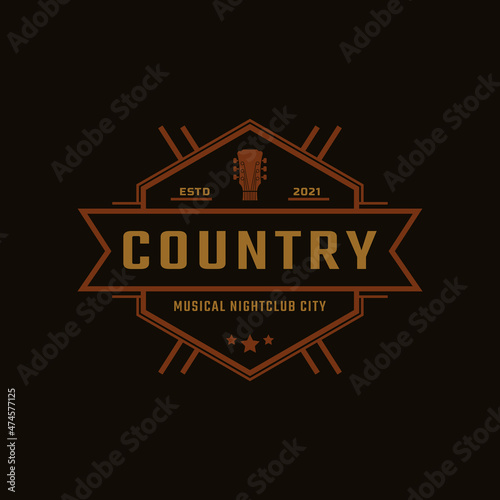 Classic Vintage Retro Label Badge for Country Guitar Music Western Saloon Bar Cowboy Logo Design Template