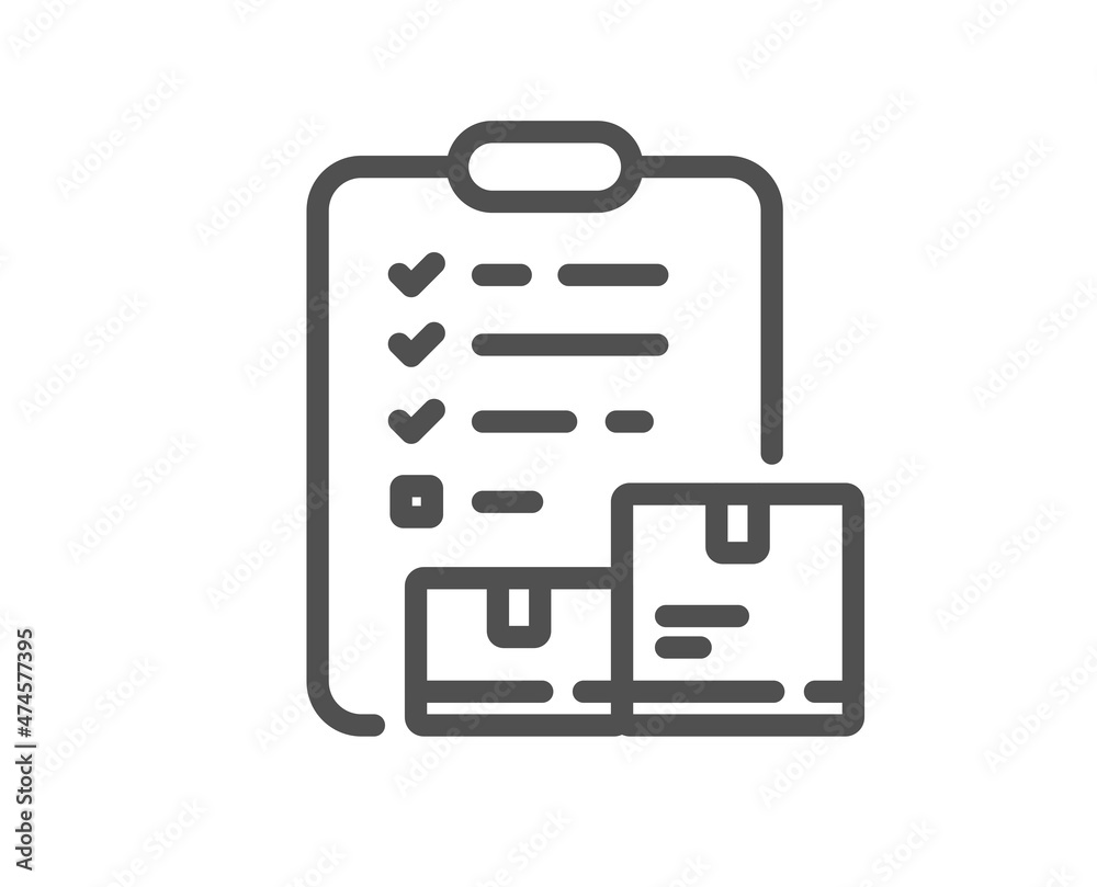Inventory checklist line icon. Warehouse pallet sign. Wholesale goods symbol. Quality design element. Linear style inventory checklist icon. Editable stroke. Vector