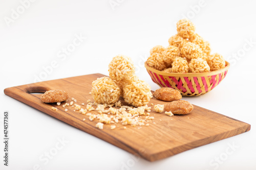 Indian Winter Delicacy Lai Laddu Gajak Or Kurmura Laai Ke Ladoo Made Of Puffed Rice Parmal Murmura Mixed With Jaggery Syrup Gur Chasni Or Gud Ki Chashni Is Mostly Enjoyed On Makar Sankranti And Lohri photo