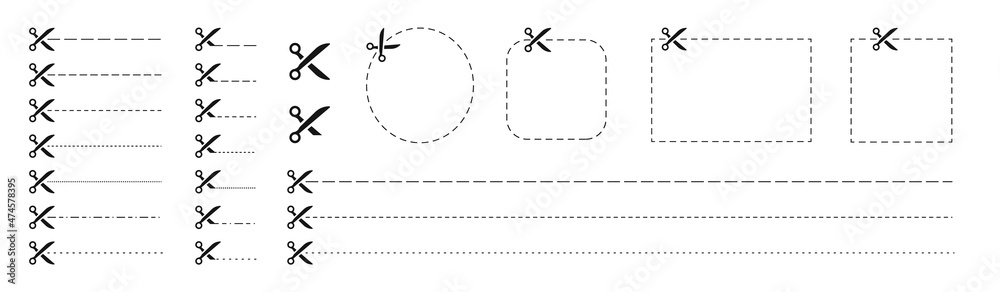 Set of Scissors and coupon, cut template and dashed line. Black icons. Gift Coupon element template, graphics design. Voucher promo code. Shopping, food and drink, business. Vector illustration.Web Set of Scissors and coupon, cut template and dashed line. Black icons. Gift Coupon element template, graphics design. Voucher promo code. Shopping, food and drink, business. Vector illustration.Web