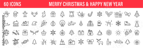 Set of 60 Christmas icons. Merry Christmas and Happy New Year. Collection xmas icons. Winter, santa, tree, presents, snowflakes, holiday. Vector illustration.