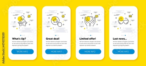 Vector set of Hold heart, Election candidate and Loyalty star line icons set. UI phone app screens with line icons. Eyeglasses icon. Friendship, Voting campaign, Bonus reward. Optometry. Vector