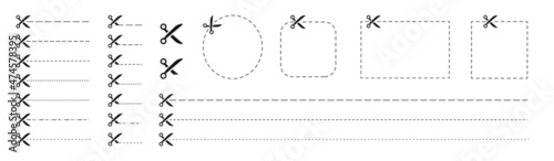 Set of Scissors and coupon, cut template and dashed line. Black icons. Gift Coupon element template, graphics design. Voucher promo code. Shopping, food and drink, business. Vector illustration.Web