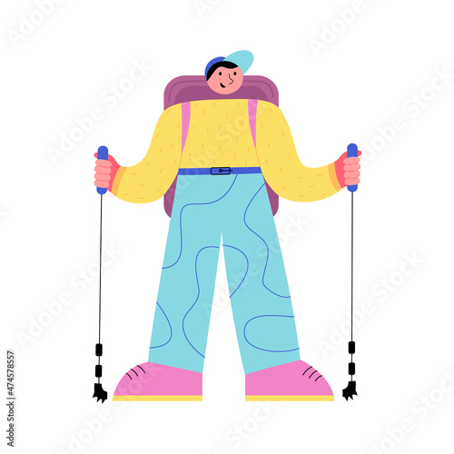 Hiking male tourist with a large backpack. Active recreation concept. Trekking, traveling, walking, tourism. For postcard, banner, network. Vector illustration in doodle style
