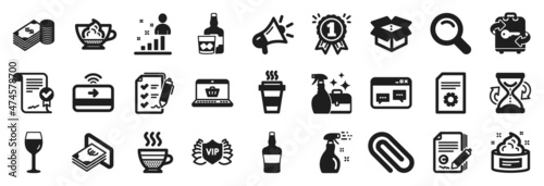 Set of simple icons, such as Approved agreement, Contactless payment, Survey checklist icons. Scotch bottle, Reward, Takeaway signs. Luggage, Cleaning spray, Search. Wine glass, Cash. Vector