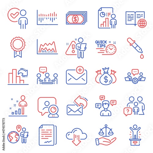 Education icons set. Included icon as Stats, New mail, Column diagram signs. Internet book, Decreasing graph, Teamwork symbols. Cloud download, Conversation messages, Justice scales. Vector